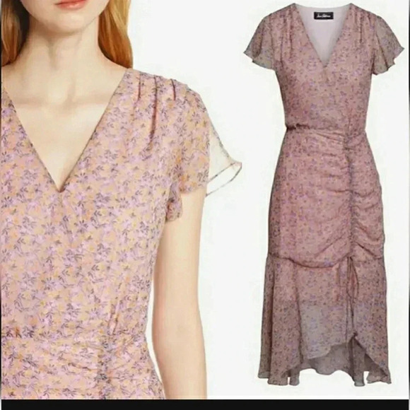 Sam Edelman Lilac Ditsy Floral Ruched Midi Dress - Picture 1 of 12